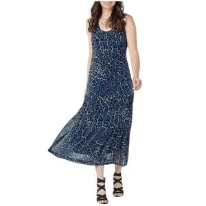 Susan Graver Women Animal Print Dress Sleeveless Tiered Blue Small Boho Summer